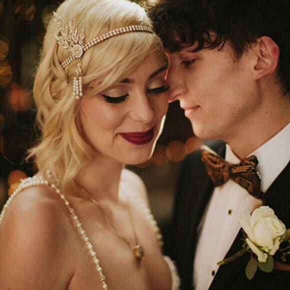 1920's Flapper Headband Leaf Rhiestones Headpiece Pearl Tassel Headdress Bride W - Picture 4 of 7